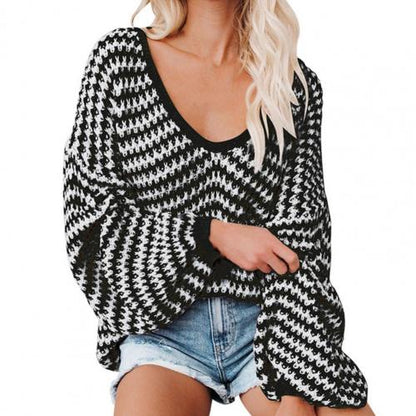 Women's Sweater Loose Striped Knitted Thick Knit Wide Neck Sweater Long Sleeve Loose Off Shoulder Jumper for Autumn Winter