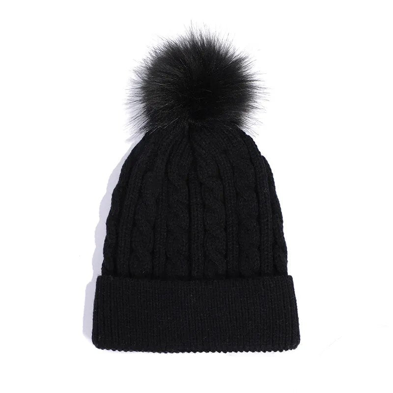 maoxiangshop New Women Personality Wild Female Fur Pom Poms Hats Beanie High Quality Winter Warm Bonnet Outdoor Riding Windproof Knit Cap