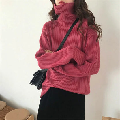 maoxiangshop Turtleneck Knitted Women Sweater Streetwear Long Sleeve Tops Pullover Black Korean Vintage Female High Neck Clothing Winter