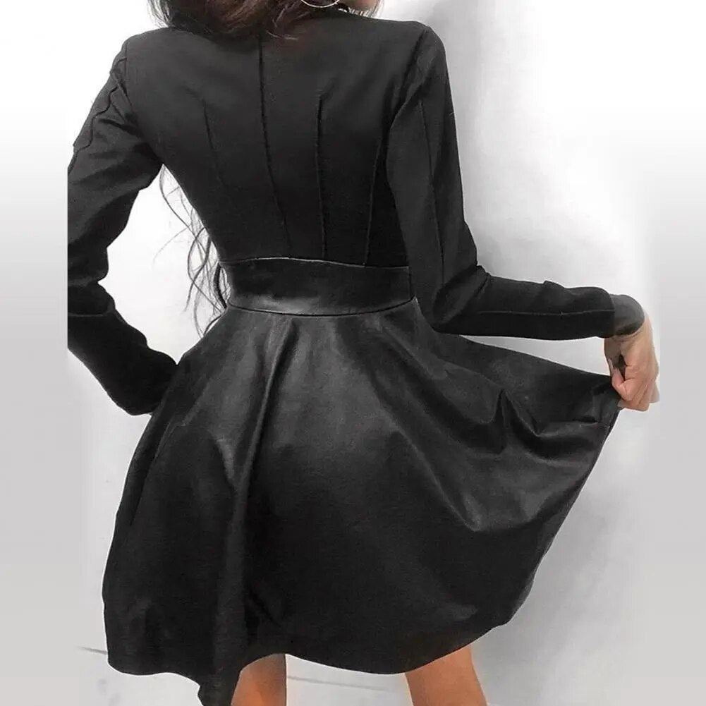 maoxiangshop Women Long Sleeve Zipper Pocket Large Hem Faux Leather Lace Mini Dress Women's Clothing Elegant Fashion Party Dress vestidos 5XL