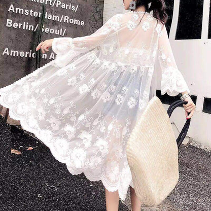 maoxiangshop Women Blouse Sun Protection Outerwear Fashion Long Flare Sleeve Mesh Embroidery Thin Loose Party Holiday Maiden Outerwear Sexy