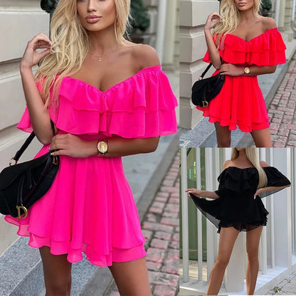 maoxiangshop Off Shoulder Ruffle Short Mini Dress Women Summer Fashion A Line Sundress Robe Female Solid Color Casual Sundress