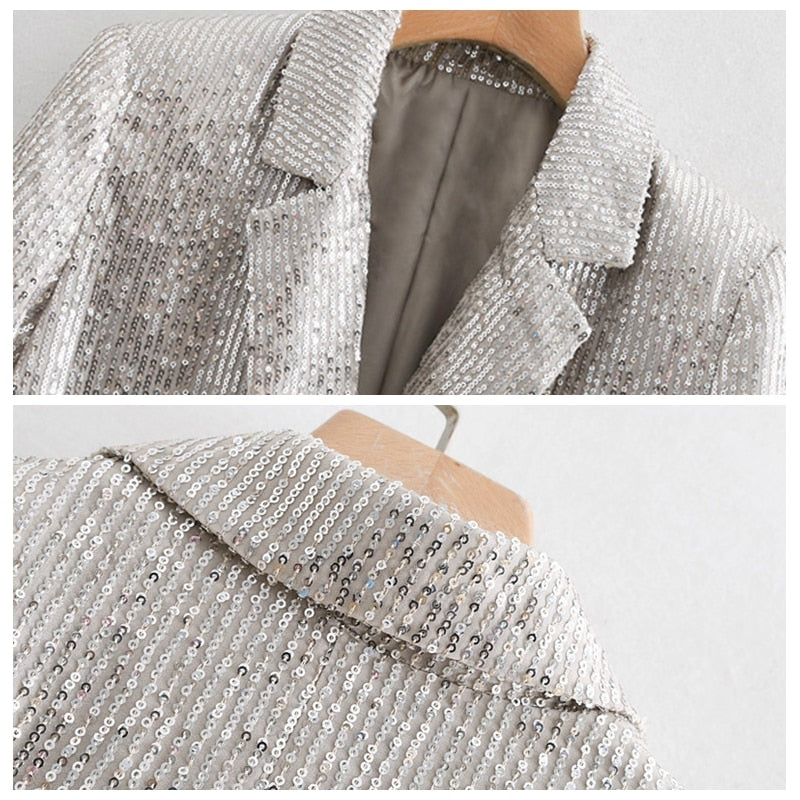 Women Geometric Pattern Sequined Blazer Feminino Shining Pockets Long Sleeve Outerwear Vintage Female Casual Tops