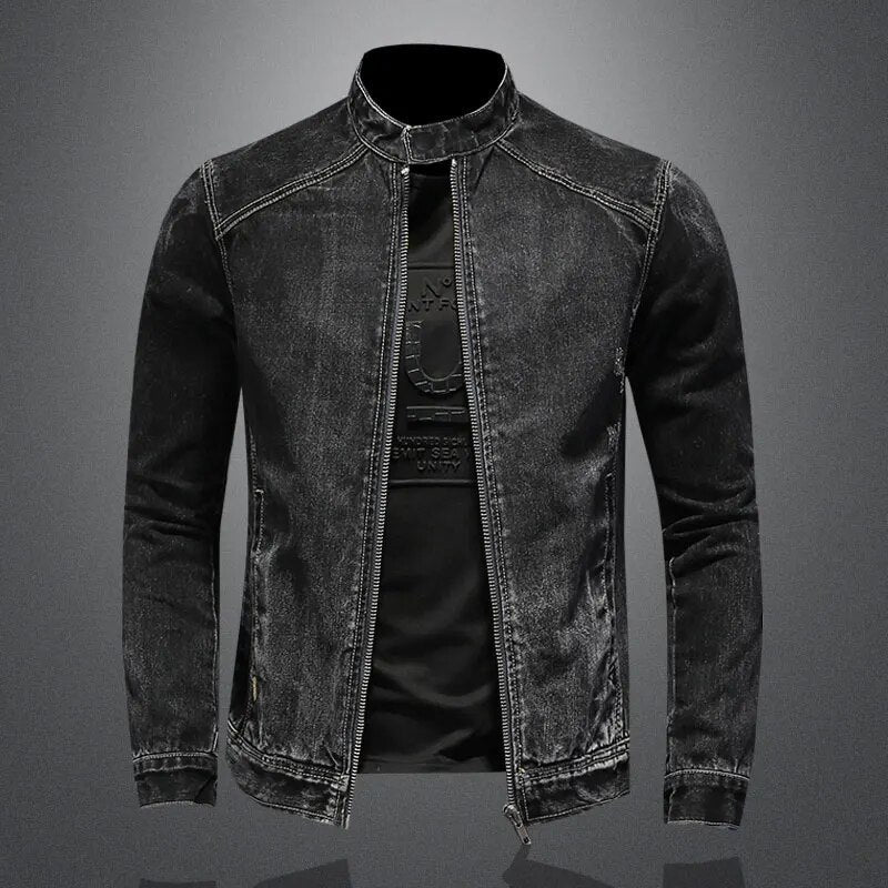 maoxiangshop High Quality Men's Denim Jackets Black Stand Collar Motorcycle Outerwear Cotton Vintage Bomber Jacket Mens Moto Biker Denim Coat