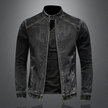 maoxiangshop High Quality Men's Denim Jackets Black Stand Collar Motorcycle Outerwear Cotton Vintage Bomber Jacket Mens Moto Biker Denim Coat