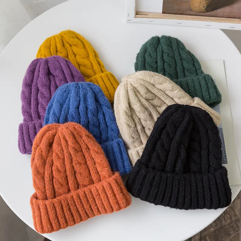 maoxiangshop New Candy Colors Knitted Hats For Women Kpop Style Twist Woolen Beanie Hat Autumn And Winter Female Cap Keep Warm Winter Hat