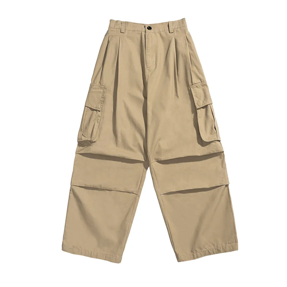 maoxiangshop Multi-Pocket Cargo Pants Mens Safari Style Solid Color Pleated Loose Straight-leg Pants Elastic Waist Casual Trousers Men