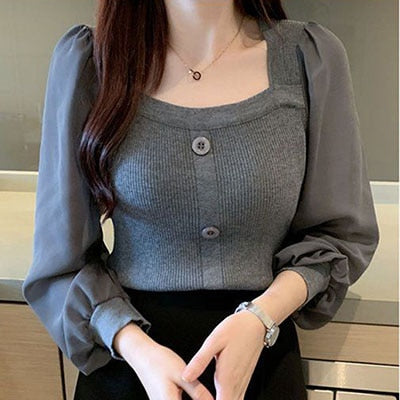 Pull Femme Spring Fashion Square Neck Solid Tops Patchwork Long Sleeve Sweater Women Knitted Pullovers Woman Clothes