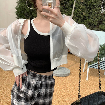 maoxiangshop Jackets Women Cropped Thin Summer Zipper Pure Color Cool Simple Outwear Sun Protection Outdoor Fashion Ladies Leisure Popular