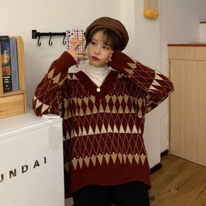 maoxiangshop Sweaters Women Vintage Argyle Korean All-match Chic V-Neck Ladies Pullovers Student Lazy Style Popular Winter Women Sweater New