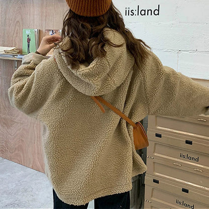 Women Oversized Parkas Hooded Thick Coat Ladies Soft Kawaii Jackets Double Sided Outerwear Autumn Winter Warm Long Sleeve Tops