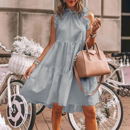 maoxiangshop Fashion Ruffles Collar White Loose Beach Woman Dress Summer Casual Boho Sleeveless Big Hem Ladies Dresses For Women Robe