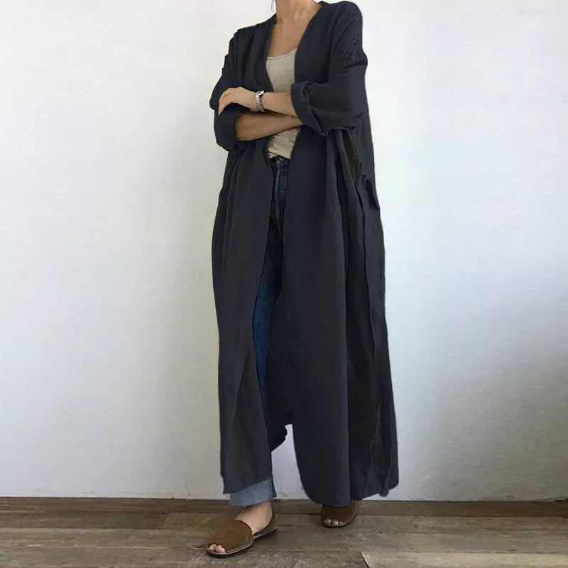 maoxiangshop Kaftan Cotton Long Cardigan Women's Autumn Blouse Casual Long Sleeve Coats Female Solid Blusas Tunic