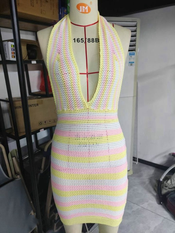 maoxiangshop Sexy Women Knitted Bodycon Dresses Y2K Elegant Lady Chic Women Sleeveless Sleeveless Halter Bandage Dress Beach Vacation Clothes