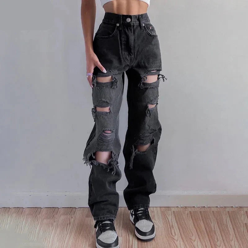 maoxiangshop Black Ripped High Waist Jeans for women Vintage Clothes y2k Fashion Straight Denim Trousers Streetwear Hole Hip Hop Pant jeans