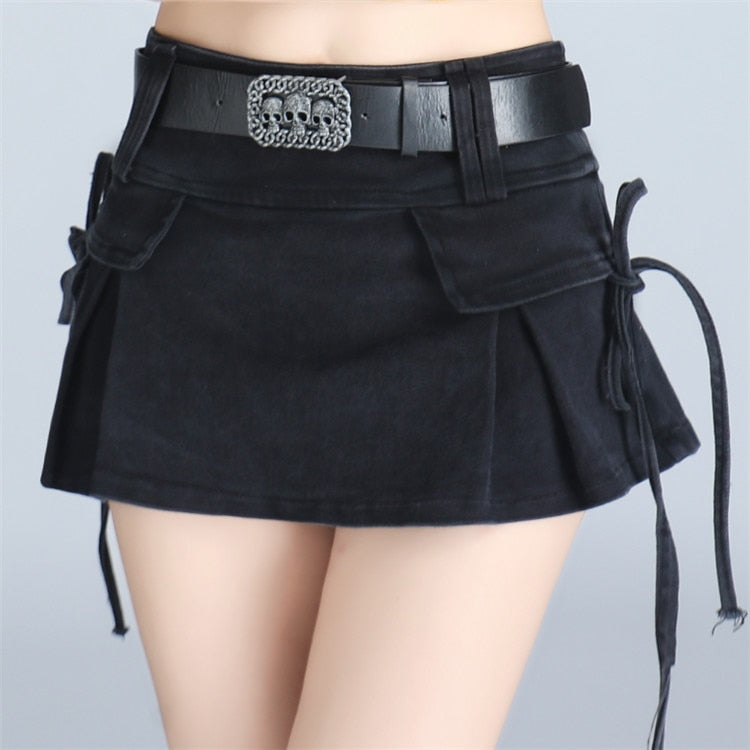 Women Harajuku Low Waist Mini Skirt Punk Gothic Skull Waistband Hot Girl Black White Denim Skirt Kawaii Culotte Skirts Plus size