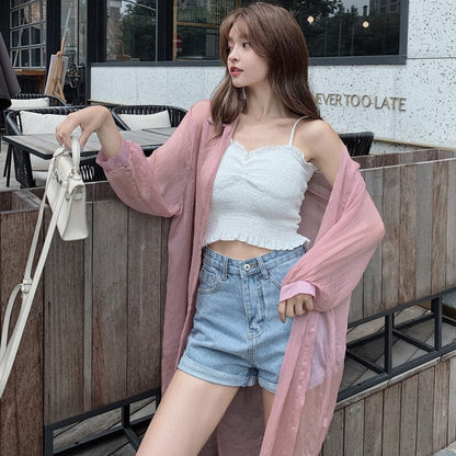 maoxiangshop Women Blouse Sun Protection Fashion Long Lantern Sleeve Outerwear Sheer All-match Thin Beach Street Comfort Korean Style Leisure