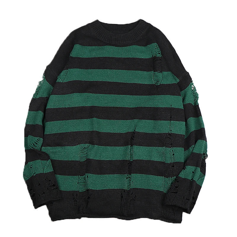 maoxiangshop Black Stripe Sweaters Destroyed Ripped Sweater Men Pullover Hole Knit Jumpers Men Oversized Sweatshirt Harajuku Long Sleeve Tops