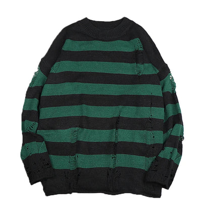 maoxiangshop Black Stripe Sweaters Destroyed Ripped Sweater Men Pullover Hole Knit Jumpers Men Oversized Sweatshirt Harajuku Long Sleeve Tops