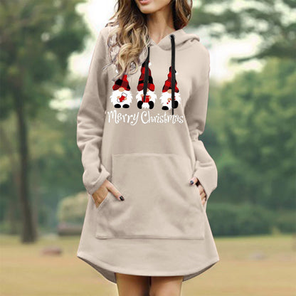 maoxiangshop Women Christmas Sweatshirts Casual Solid Color Printing Pullover Hooded Pocket Long Sleeve Dress Платье #8