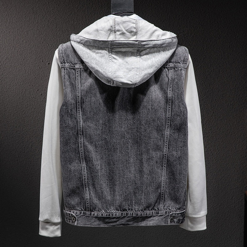 maoxiangshop Plus size Short Denim Vest men Detachable Hooded Coat Spring summer Side pockets Sleeveless Jeans Jacket Men's Tops-4XL