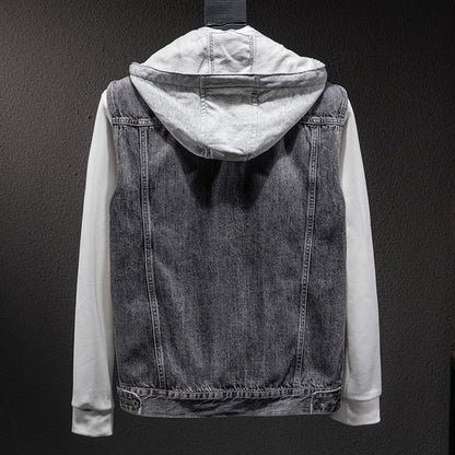 maoxiangshop Plus size Short Denim Vest men Detachable Hooded Coat Spring summer Side pockets Sleeveless Jeans Jacket Men's Tops-4XL
