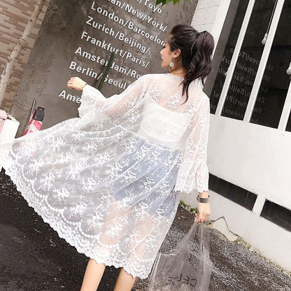 maoxiangshop Women Blouse Sun Protection Outerwear Fashion Long Flare Sleeve Mesh Embroidery Thin Loose Party Holiday Maiden Outerwear Sexy