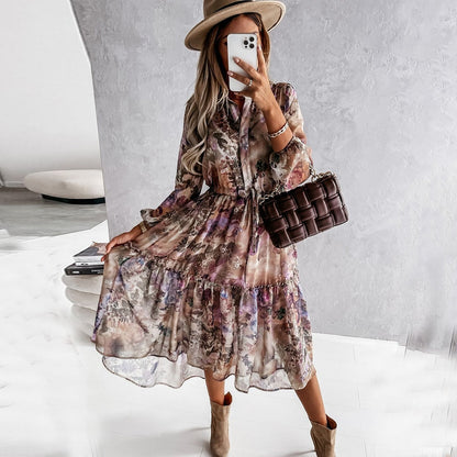 Long Dress Women Floral Print V Neck Elegant Autumn Long Sleeve Ruffles A Line Dress Ladies Casual Vintage Maxi Dresses