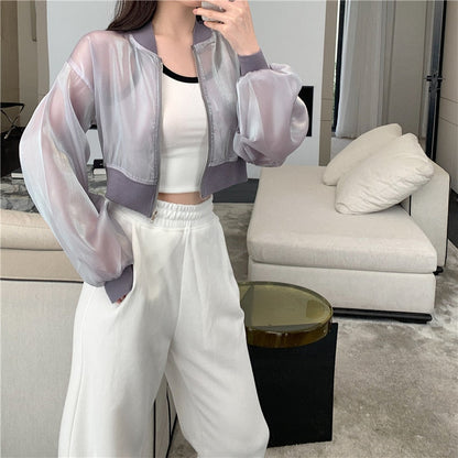 maoxiangshop Jackets Women Cropped Thin Summer Zipper Pure Color Cool Simple Outwear Sun Protection Outdoor Fashion Ladies Leisure Popular