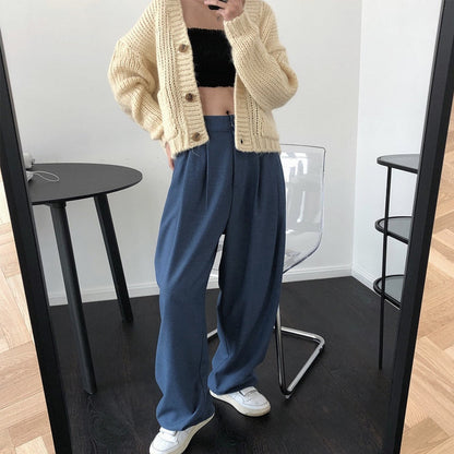 maoxiangshop Spring and Autumn Women's Casual Solid Color High Waist Loose Wide Leg Pants