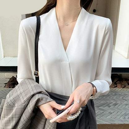 maoxiangshop New Chiffon White V-neck Women's Blouses Long Sleeve Spring High Street Shirt Ladies Top Chemisier S-XXL Solid Color