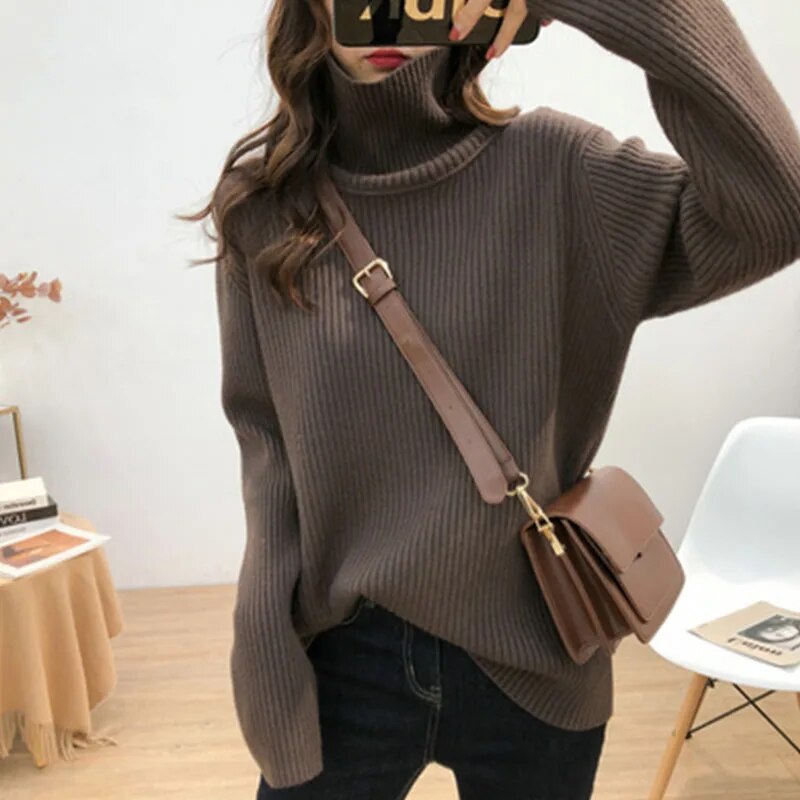 maoxiangshop Turtleneck Knitted Women Sweater Streetwear Long Sleeve Tops Pullover Black Korean Vintage Female High Neck Clothing Winter