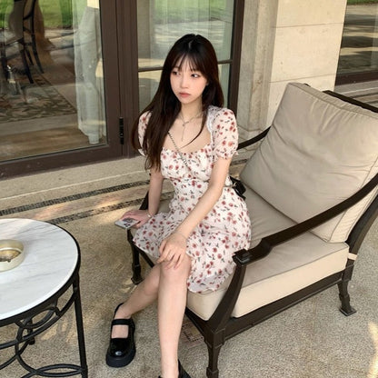 maoxiangshop Sweet Dress Women Sexy Backless Mini Short Sleeve Sundress Square Collar Floral Princess Leisure Streetwear Kawaii Ulzzang Girls