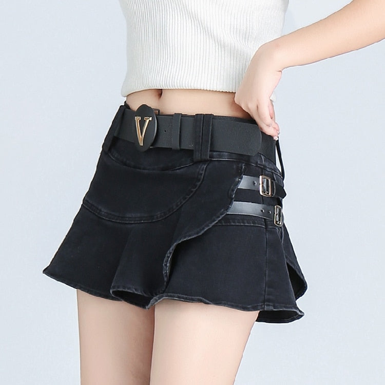 Women Harajuku Low Waist Mini Skirt Punk Gothic Skull Waistband Hot Girl Black White Denim Skirt Kawaii Culotte Skirts Plus size