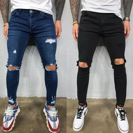 maoxiangshop Men Jeans Knee Hole Ripped Stretch Skinny Denim Pants Solid Color Black Blue Autumn Summer Hip-Hop Style Slim Fit Trousers S-4XL