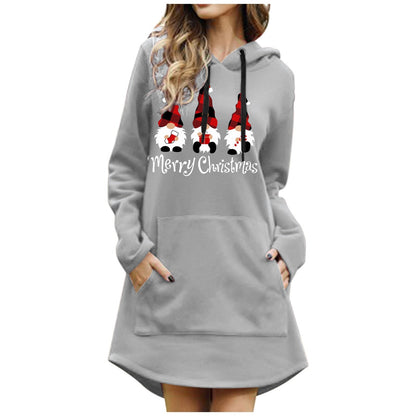 maoxiangshop Women Christmas Sweatshirts Casual Solid Color Printing Pullover Hooded Pocket Long Sleeve Dress Платье #8