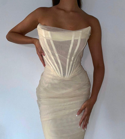 Townlike Pink Mesh Strapless Bandage Sexy Dress Women Midi Night Club Party Dress Backless Lining Bodycon Summer Dress Vestidos