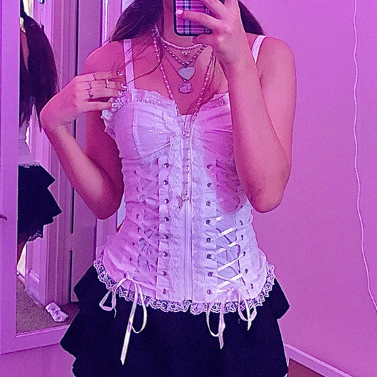 maoxiangshop E-girl Grunge Kawaii Corset Top Zipper White Lace Trim Bandage Slim Fit Cropped Top Gothic Emo Alt Clothes Women Streetwear