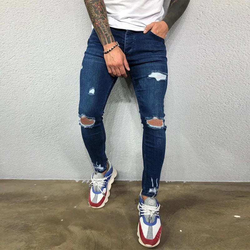 maoxiangshop Men Jeans Knee Hole Ripped Stretch Skinny Denim Pants Solid Color Black Blue Autumn Summer Hip-Hop Style Slim Fit Trousers S-4XL