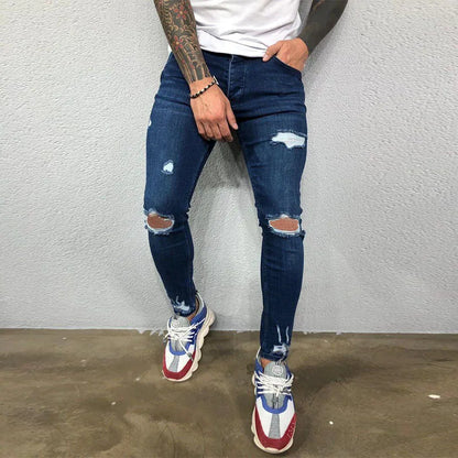maoxiangshop Men Jeans Knee Hole Ripped Stretch Skinny Denim Pants Solid Color Black Blue Autumn Summer Hip-Hop Style Slim Fit Trousers S-4XL