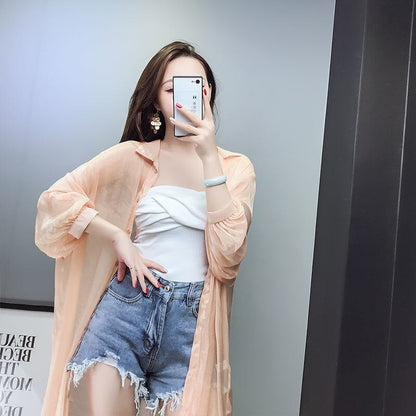 maoxiangshop Women Blouse Sun Protection Fashion Long Lantern Sleeve Outerwear Sheer All-match Thin Beach Street Comfort Korean Style Leisure