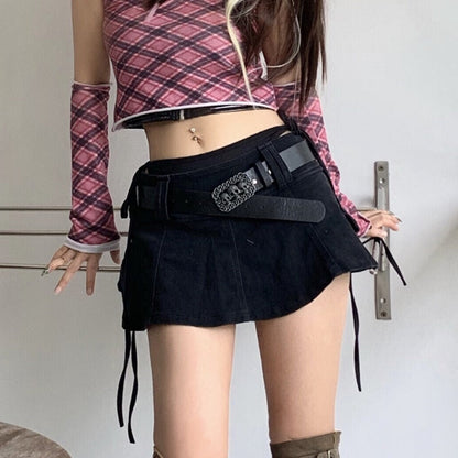 Women Harajuku Low Waist Mini Skirt Punk Gothic Skull Waistband Hot Girl Black White Denim Skirt Kawaii Culotte Skirts Plus size