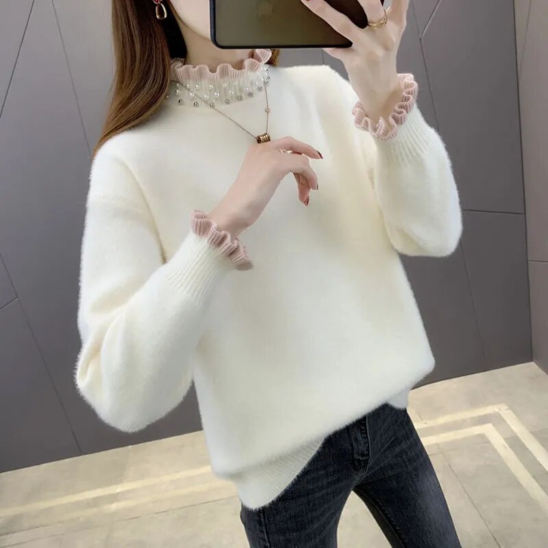 maoxiangshop Autumn Winter Thick Sweater Women Knitted Ribbed Pullover Sweater Long Sleeve Fasion Slim Jumper Soft Warm Pull Femme