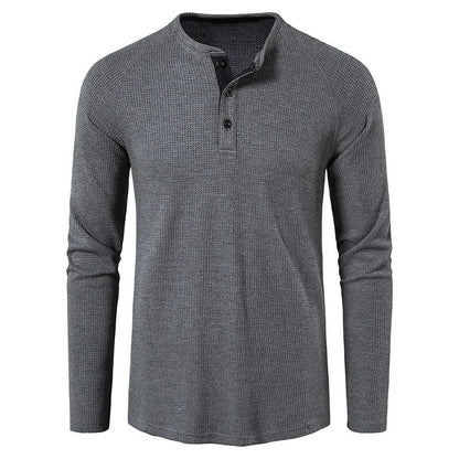 maoxiangshop Fashion Waffle Cotton T Shirt Men Spring New Slim Fit Long Sleeve Henley Tshirt Men Streetwear Casual Solid Color T-Shirt
