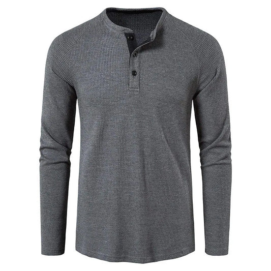 maoxiangshop Fashion Waffle Cotton T Shirt Men Spring New Slim Fit Long Sleeve Henley Tshirt Men Streetwear Casual Solid Color T-Shirt