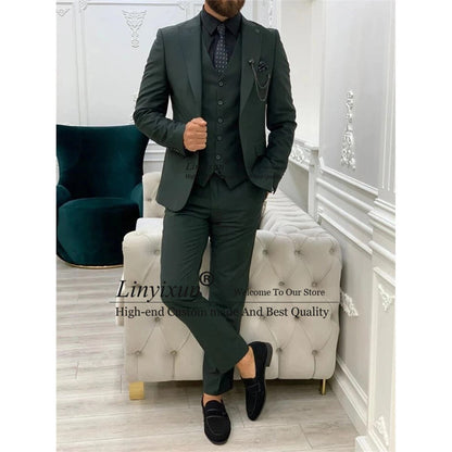 maoxiangshop Classic Dark Green Slim Fit Men Suits Peak Lapel Wedding Tuxedo Groom Prom Male Blazer 3 Pieces Jacket Pant Vest Terno Masculino