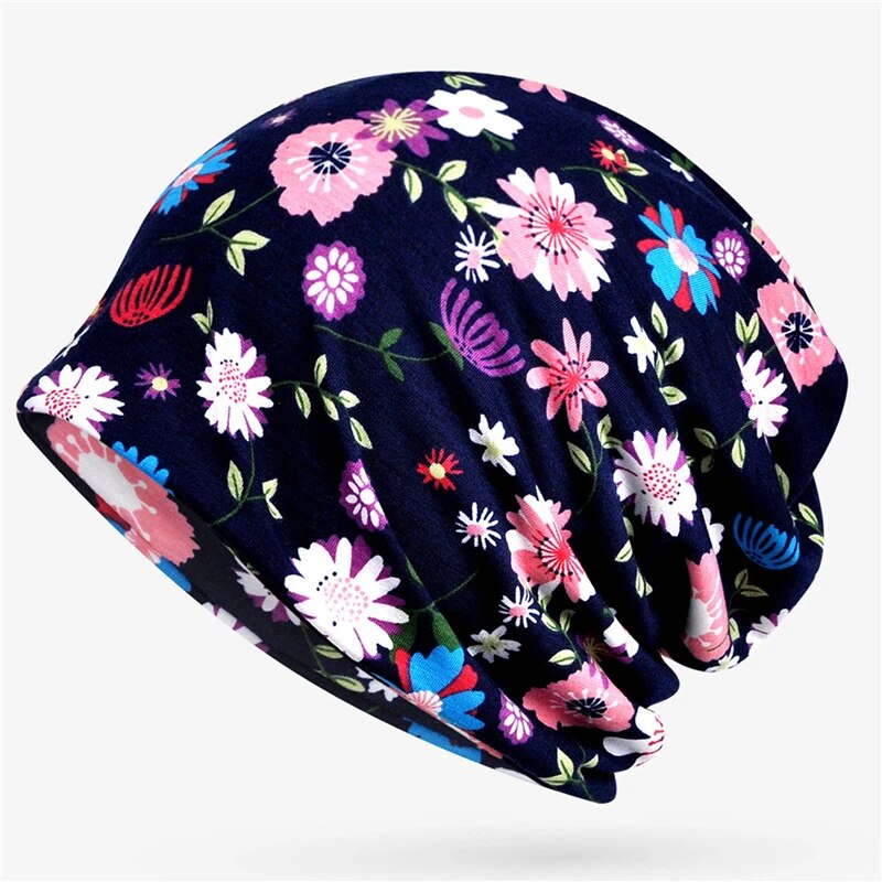 maoxiangshop Boho Style Women Beanie Cap Winter Floral Print Warm Hat Fashion Soft Thermal Skullies Hat Female Scarf Bonnet