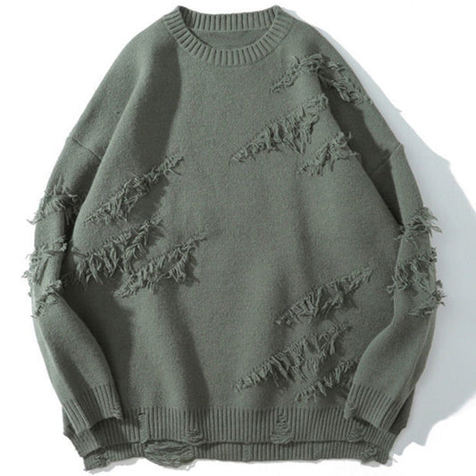 maoxiangshop Vintage Sweater Hip Hop Harajuku Men Clothing Streetwear Pullovers Oversized Sweater Ripped Pure Color Hole Wool Knitwear Tops