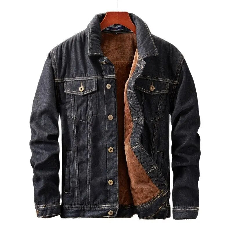 maoxiangshop Winter Men Denim Jackets Thick Outerwear Coats Mens Warm Fleece Denim Jacket Black Casual Mens Coat Cotton Jacket Mens Clothing