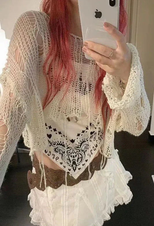 Knitted Tops Long Sleeve Sweater Women Clothes Korean Fashion Hollow Out Crop Top Pullovers Knit Jumper Grunge Y2k Chic